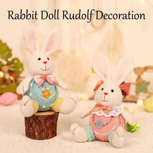 Handmade Easter Bunny Plush Doll Decoration With Knitted Clothes Plaid Bow For Home Table Desktop Festive Ornament Gift