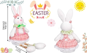 Detail view of Easter plush rabbit doll in pink plaid dress with lace and green scarf