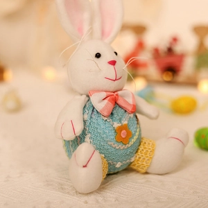 Easter plush bunny couple doll decoration with blue knitted dress and red checkered bow tie