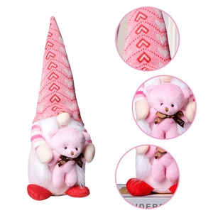 Pink Valentine knit gnome figurine holding a love teddy bear with detail zoom-in views