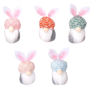 Set of five colorful Easter bunny gnomes with knitted hats and white plush beards