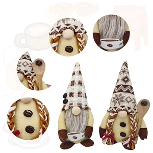 Set of two coffee-themed gnomes with knitted hats, holding a wooden spoon and coffee cup