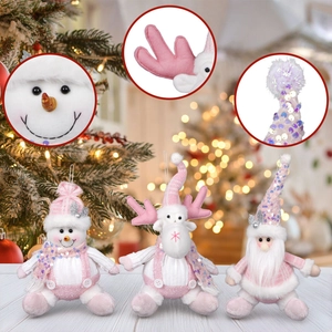 Pink Christmas Plush Doll Ornaments Santa Snowman Reindeer Soft Fabric Knit Hanging Decorations For Xmas Tree Window Home Decor