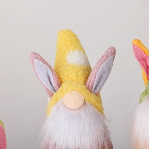 Close-up of Easter gnome featuring yellow polka dot hat and fuzzy white beard