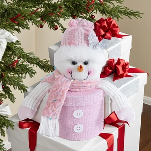 Pink cylinder snowman gift box with sequined scarf for Christmas treats and decorations