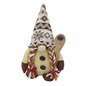 Detail of female coffee gnome with knit hat, braided hair and wood spoon accessory