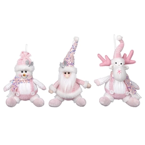 Pink and white Christmas plush ornaments featuring Santa, Snowman and Reindeer figurines