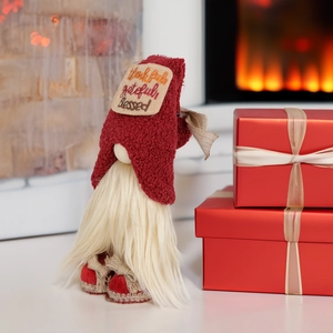 Grateful Blessed Gnome Christmas tabletop decoration with red pointed hat and faux fur beard