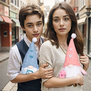 Couples holding glowing Valentine's Day gnomes with knitted hats and plush hearts