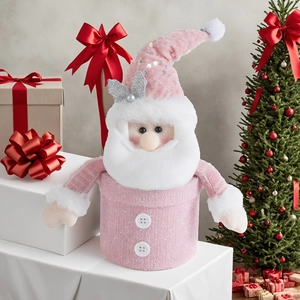 Pink Santa Claus gift storage box with long white beard and sequined hat decoration