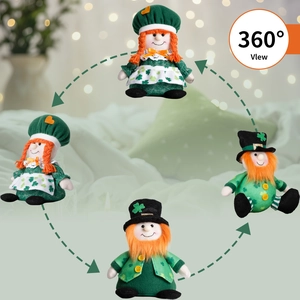 360-degree view of male and female St. Patrick's Day leprechaun gnomes with clover patterns