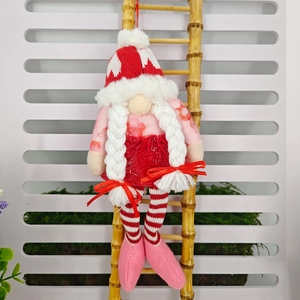 Hanging female gnome plush doll with heart knit hat and pink floral dress decoration