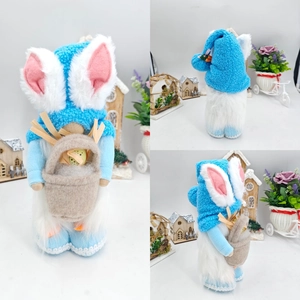 Three-angle view of an Easter gnome with bunny ears and a basket of colorful eggs