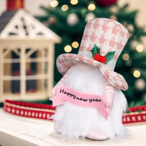 Christmas gnome plush dolls with pink houndstooth hats and Happy New Year banner decoration