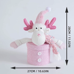 Detail view of pink elk Christmas gift box with dimensions 28cm height and 27cm width