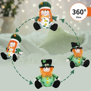 360-degree view of St. Patrick's Day plush dolls with shamrocks and orange beards