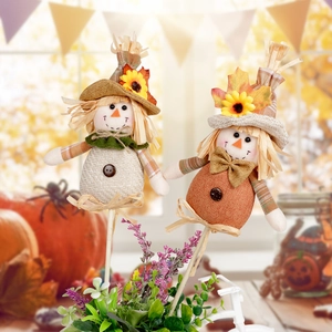 Thanksgiving Scarecrow Decoration Harvest Festival Autumn Garden Stake Ornament For Home Pot Decor Polyester Fabric Wood Stick