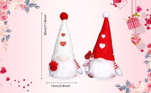 Vue détaillée avec dimensions de deux gnomes de Saint-Valentin avec des coeurs