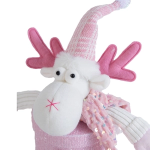 Pink reindeer plush Christmas gift box with sequin scarf and knitted cap decor