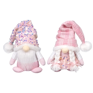Set of two pink Christmas Gnomes with sequin knit hats and white faux fur beards