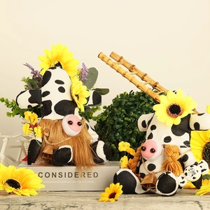 Cow print gnome plush dolls with sunflowers and bells for seasonal home decoration