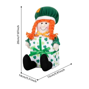 St. Patrick's Day gnome detail with orange braids and clover box, size 20cm high