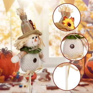 Harvest festival scarecrow pick with checkered hat and sunflower for autumn home decor