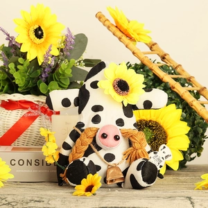 Cow print gnome plush doll with sunflower decor and braids for farmhouse home decoration