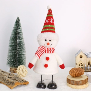 Cute Christmas snowman doll with spring legs and striped hat on snowy decorative background