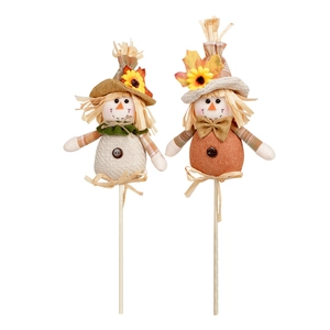 Set of two Thanksgiving harvest scarecrow decorations with sunflowers on wooden sticks