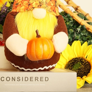 Close-up of Thanksgiving gnome with yellow beard holding a small orange pumpkin decor