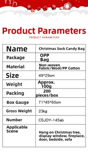 Detailed size chart for Christmas stocking showing 49x29cm dimensions and material specs