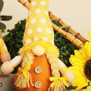 Fall Harvest sunflower gnome plush doll with pigtails and yellow polka dot hat