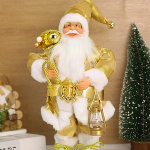 Luxury Gold Standing Santa Claus Figurine Festive Cloth Ornament With Lantern Gift Bag Christmas Decor For Home Hotel Mall