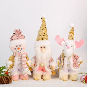 Christmas Plush Skiing Doll Ornaments Pink Gold Sequins Santa Claus Snowman Reindeer Figurine For Home Holiday Decoration