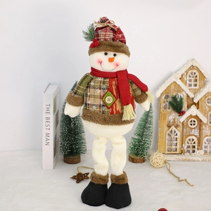 Charming snowman Christmas plush toy with long stretchable legs in red plaid festive attire