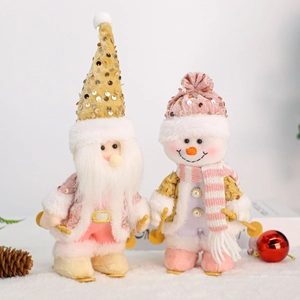 Pink Christmas plush doll set with sequins Santa and Snowman holiday decor standing figurines