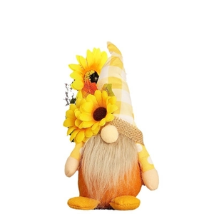 Harvest gnome plush with sunflower, yellow plaid hat and orange body for autumn decor