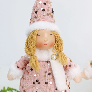Poupée ange en peluche à paillettes roses avec fourrure blanche pour décor de Noël