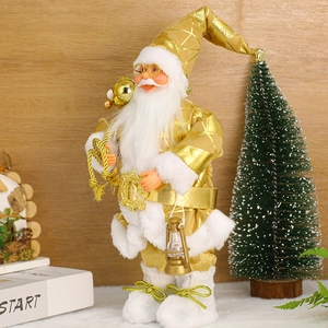 Standing Santa Claus figure in gold diamond pattern suit with lantern for Christmas decor