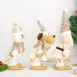 Three-piece champagne gold Christmas ski plush ornaments featuring snowman reindeer and gnome