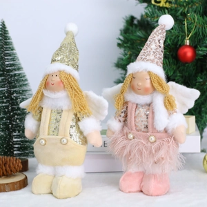 Detailed view of Christmas angel plush dolls with sparkling sequins and white wings