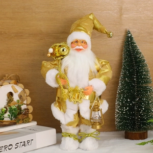 Standing Santa Claus figure with gold sequin suit holding a vintage lantern and gift bag