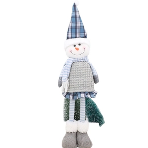 Standing Christmas snowman plush doll with retractable long legs and plaid hat ornament