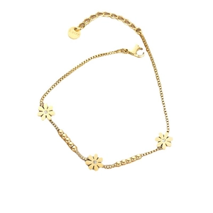 Bracelet élégant en acier doré avec pendentifs marguerites et cristaux sur chaîne box
