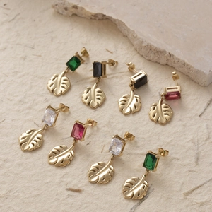 Stainless Steel Zircon Monstera Leaf Drop Earrings Gold Plated Geometric Square Zirconia Tropical Plant Jewelry For Women
