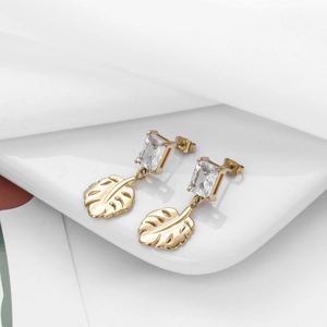 Golden titanium steel leaf earrings featuring rectangular zircon and monstera leaf design