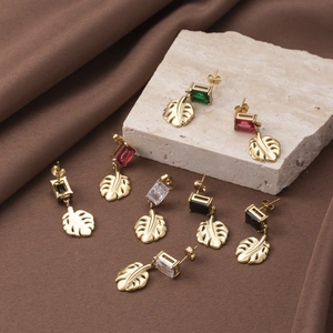 Luxe titanium steel leaf drop earrings with colorful rectangular zircon in gold finish