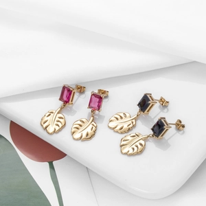 Golden titanium steel monstera leaf earrings with rectangular pink and black zircons