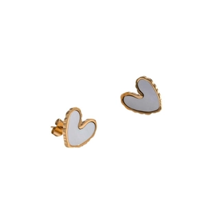 Elegant gold heart earrings with gray mother-of-pearl inlay and scalloped edges